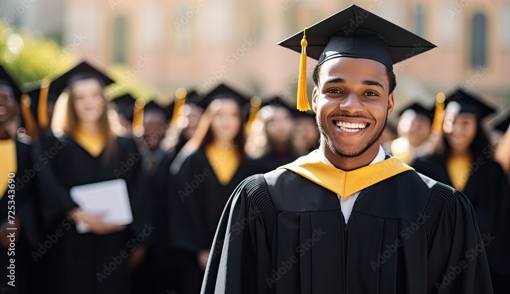 Wall mural A dignified portrait capturing a black American man's sincere and radiant smile during a university graduation ceremony. - Wall murals