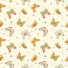 Beautiful seamless pattern with groovy vector hand drawn butterflies. Stock pop background in Hippie 60s 70s style. Peace. Pacific.