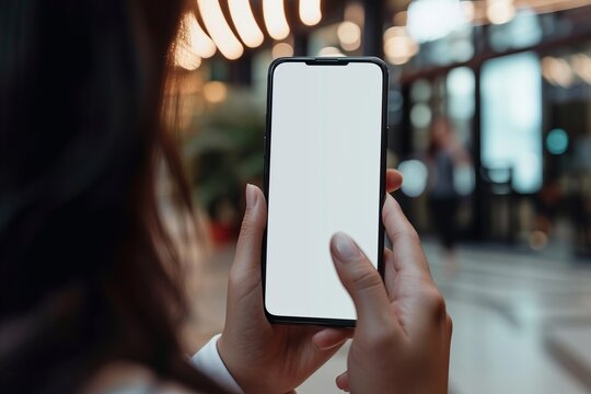 Mockup image of a woman's hands holding and showing smart phone with blank white screen on blurred background