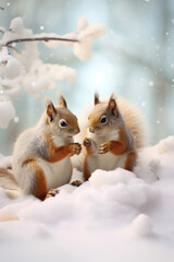 Obraz premium Two squirrels in a snowdrift in a winter forest