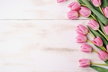 Spring tulips on natural boards with copyspace. Postcard concept