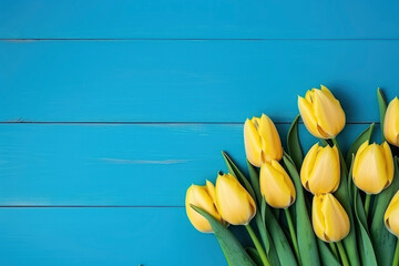 Spring tulips on natural boards with copyspace. Postcard concept