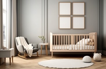 Mock-up of a frame in the background of a unisex children's room interior, using a 3D render. Made with Generative AI technology