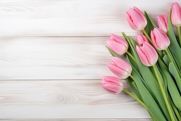 Obraz na płótnie Canvas Spring tulips on natural boards with copyspace. Postcard concept