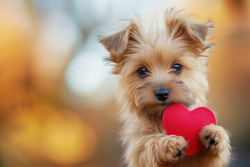 Funny portrait cute puppy dog holding red heart. - obrazy, fototapety, plakaty