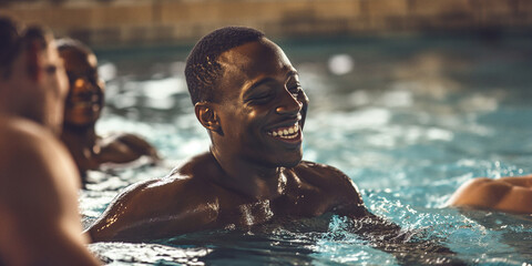 A man basks in the refreshing waters of a swimming pool, his beaming smile capturing the joy of a leisurely swim in the warm embrace of nature - obrazy, fototapety, plakaty