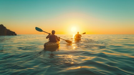 Two people on kayaks sailing in the lagoon - obrazy, fototapety, plakaty
