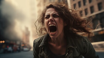 An expression of anger overtakes the woman's face as she vents her emotions. - obrazy, fototapety, plakaty