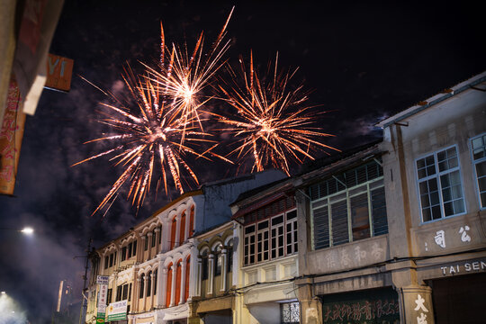 Fireworks for Chinese new year at the traditional Chinese heritage district of Georgetown, Malaysia