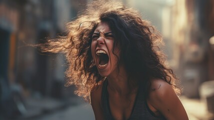 An expression of anger overtakes the woman's face as she vents her emotions. - obrazy, fototapety, plakaty