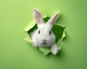Easter bunny punched a hole and peeking through green wallpaper. Bunnycore. Minimal Easter idea