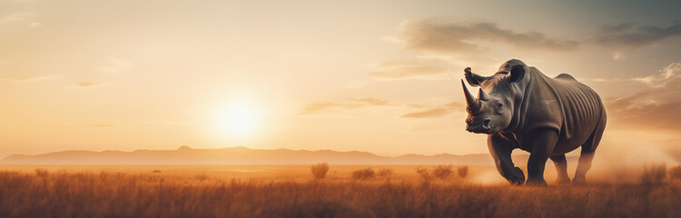 Cinematic Rhino banner with copy space. Wild African rhinoceros - endangered horned animal concept graphic.