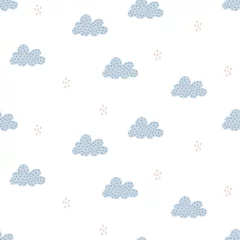 Fotobehang Seamless vector pattern with cute hand drawn clouds and raindrops. Scandi theme illustration. Simple background for wrapping paper, textile, card, gift, fabric, wallpaper, packaging, apparel. © Anima Allegra