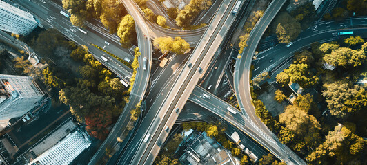 Capturing the chaotic beauty of urban connectivity, an aerial photograph reveals a sprawling junction of roads and buildings, interwoven like a tangled web amidst a sea of trees - obrazy, fototapety, plakaty