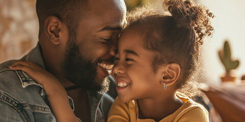 A father's love captured in a simple smile, as he shares a tender kiss with his son on a sunny day, their bond shining through their clothing and radiating pure joy - obrazy, fototapety, plakaty