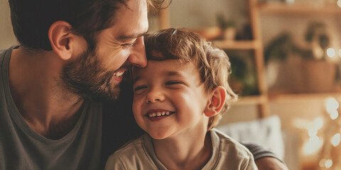 A father's love shines through as he shares a joyful moment with his son, their beaming smiles reflecting off the walls of their cozy home