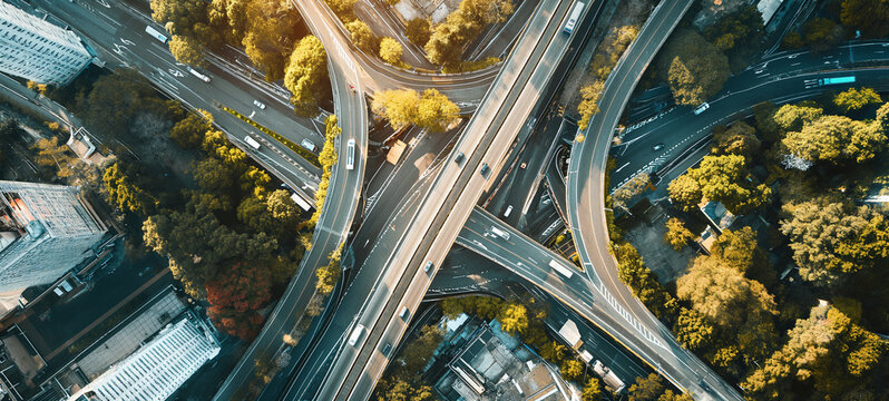 Capturing the chaotic beauty of urban connectivity, an aerial photograph reveals a sprawling junction of roads and buildings, interwoven like a tangled web amidst a sea of trees