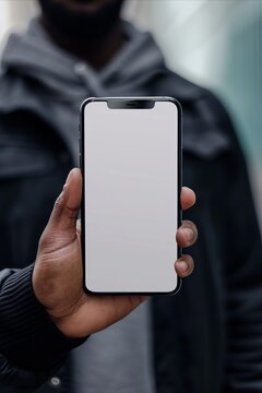 Mockup image of a man holding a smartphone with a blank screen in his hand