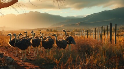 Naklejka premium South African ostrich farm. Generative AI
