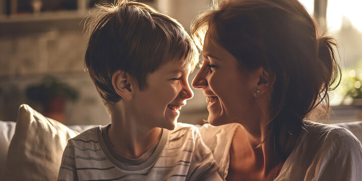 A joyful woman and a young boy share a tender kiss, their human faces radiating love and affection as they bask in the warm outdoor sunlight, their clothing blending in harmony as they embody the bea
