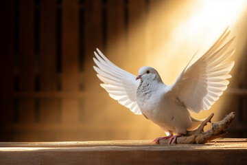 white dove, with open wings, under a ray of sun