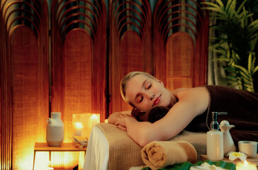 Caucasian woman customer enjoying relaxing anti-stress spa massage and pampering with beauty skin...