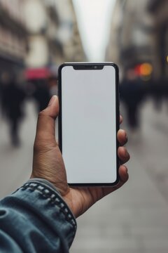 Mockup image of a hand holding a smartphone with a white screen on the background of the street