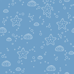 Lineart seamless vector pattern with sealife theme doodle elements. Underwater background for kids room decor, nursery art, wrapping paper, textile, fabric, wallpaper, gift, print, packaging, apparel.