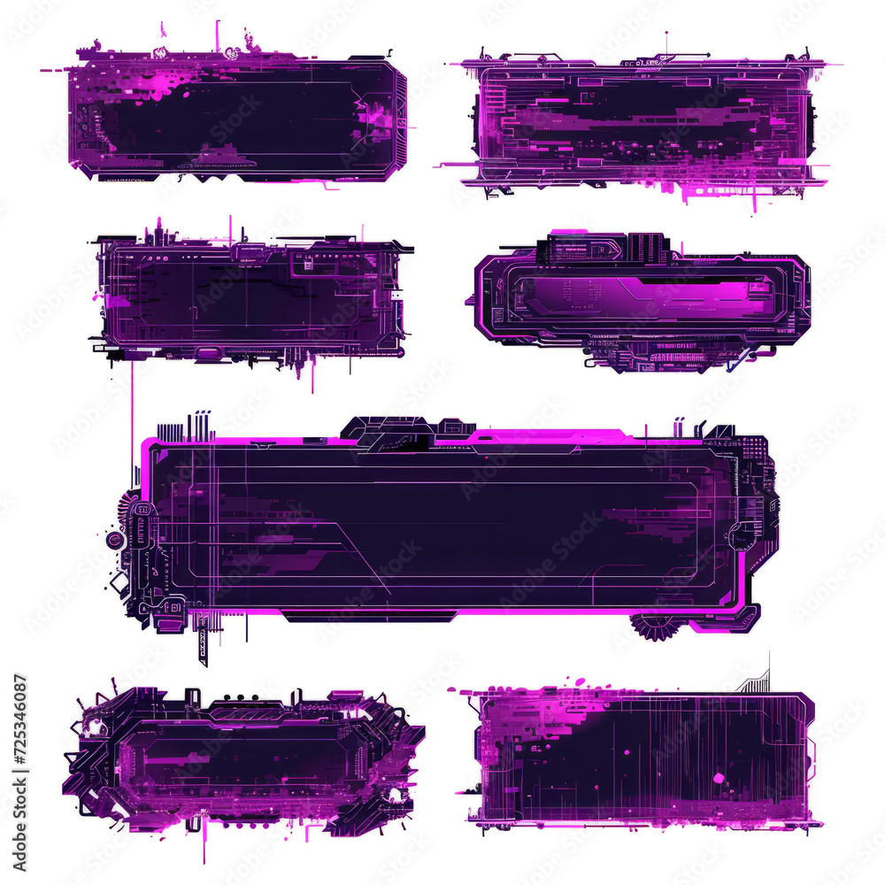 Poster sci-fi text boxes with glitched effect in purple colors. futuristic hi-tech badges for digital produ