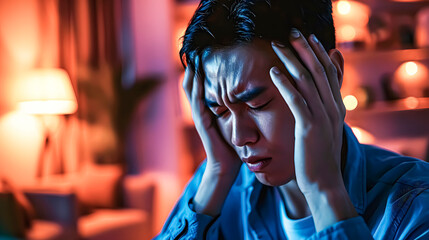 Fototapeta na wymiar A young asiatic man in a darkened room with migraine or headache 