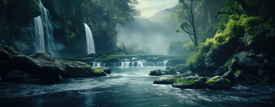 A serene background featuring a natural waterfall cascading into a river.