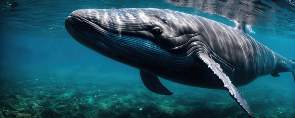Une baleine qui nage sous la surface de l'eau en format panoramique - generative AI