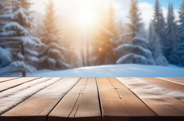 Empty rustic wooden table top on blur background of winter nordic forest. Abstract snowy counter. Christmas holiday. Mockup for resort ad. Free space for text. New Year Frame for display. Snow dust