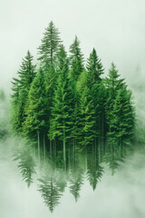 Foggy misty forest with coniferous trees in the foreground