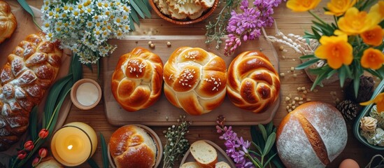 Sweet breads with braids, bunny-shaped dough, and Easter decorations, accompanied by hellebores and mimosa. - obrazy, fototapety, plakaty