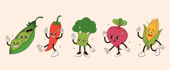 Funny vegetables retro cartoon characters sticker set. Modern label with cute comics characters. Hand drawn doodles of comic mascot. Set in modern cartoon style. 70s retro vibes.