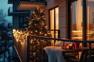 Festive balcony decoration for Christmas and New Year. Modern residential apartment building balcony in evening, Generative AI 