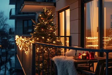 Foto op Plexiglas Festive balcony decoration for Christmas and New Year. Modern residential apartment building balcony in evening, Generative AI  © The Framed Life