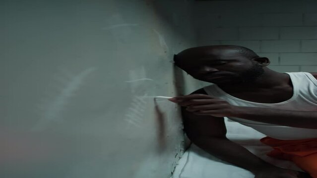 Vertical shot of sad Black inmate sitting on bed in prison cell and drawing tally marks on wall while counting days until release