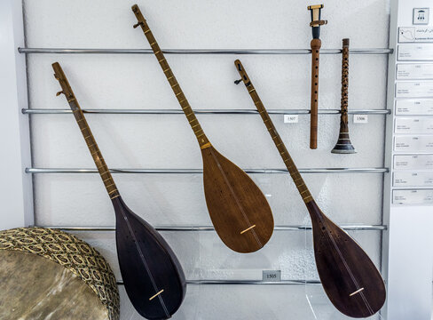 Isfahan, Iran - October 20, 2016: Tanbor, Sorna and Narmeh-nay instruments in The Isfahan Museum of Music