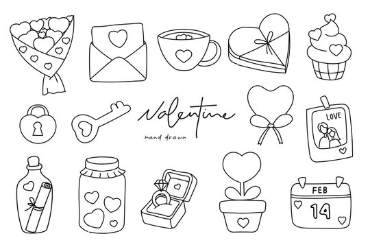 set of valentine hand drawn illustrations, icon for valentine 14 February vector illustrations