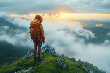 Girl on mountain peak looking at beautiful mountain valley in fog at sunset. Travel and tourism hiking. - obrazy, fototapety, plakaty