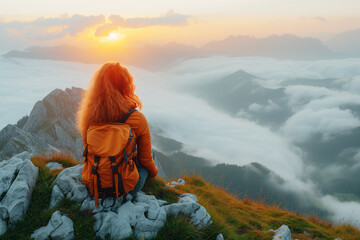 Girl on mountain peak looking at beautiful mountain valley in fog at sunset. Travel and tourism hiking.