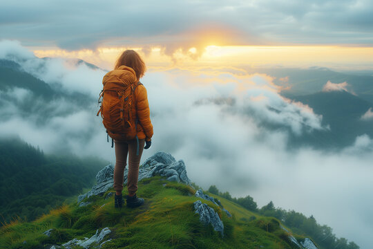 Girl on mountain peak looking at beautiful mountain valley in fog at sunset. Travel and tourism hiking.