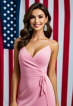Perfect slim lady model in stylish pink dress posing at us flag, smile looking at camera. Portrait of elegant cover american woman poses at usa. Fashionable style image concept. Copy ad text space