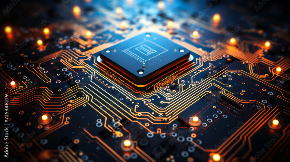 Poster intricate computer circuit board with glowing lines and electronic components forming an abstract te