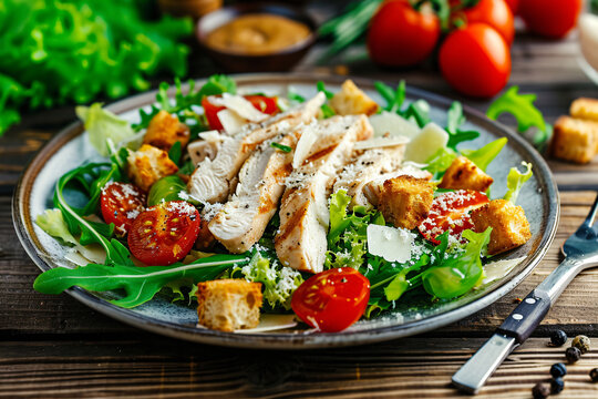 Photo caesar salad with chicken fillet tomatoes