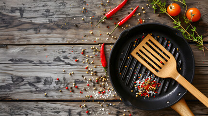 Grill pan with spices on wooden background