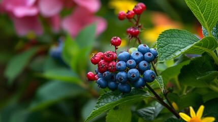Ripe Blueberries Cluster with Red Berries in Lush Garden Setting