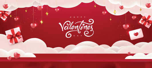 Happy Valentine's day banner background with gift box and heart on stage